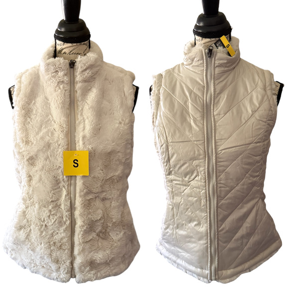 Nicole Miller Faux Fur Ivory Reversible Quilted Vest Jacket Small - Picture 1 of 7